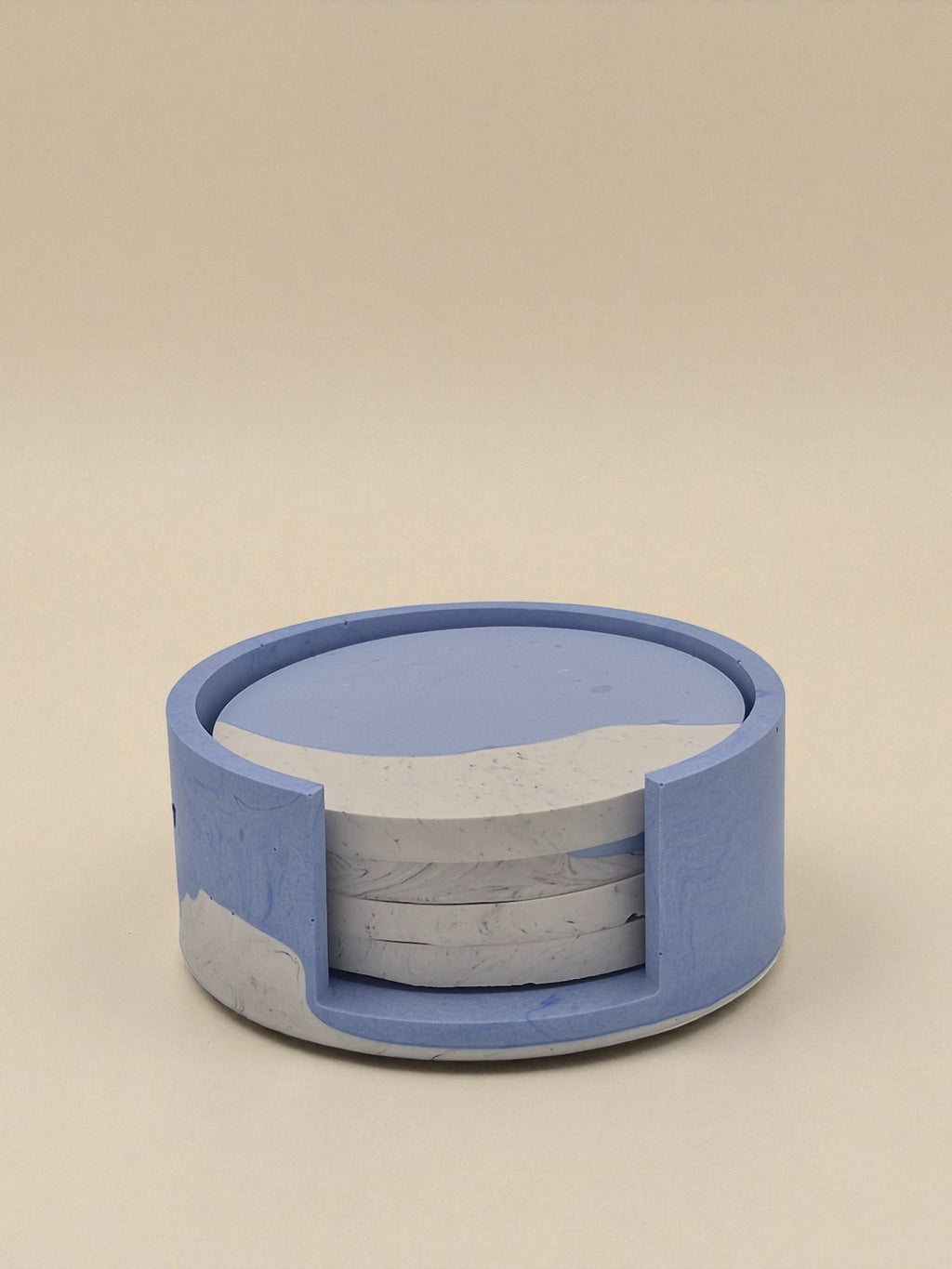 Jesmonite-Dose mit Deckel, passend zum Untersetzer-Set in Himmelblau und Weiss – Kollektion Waves