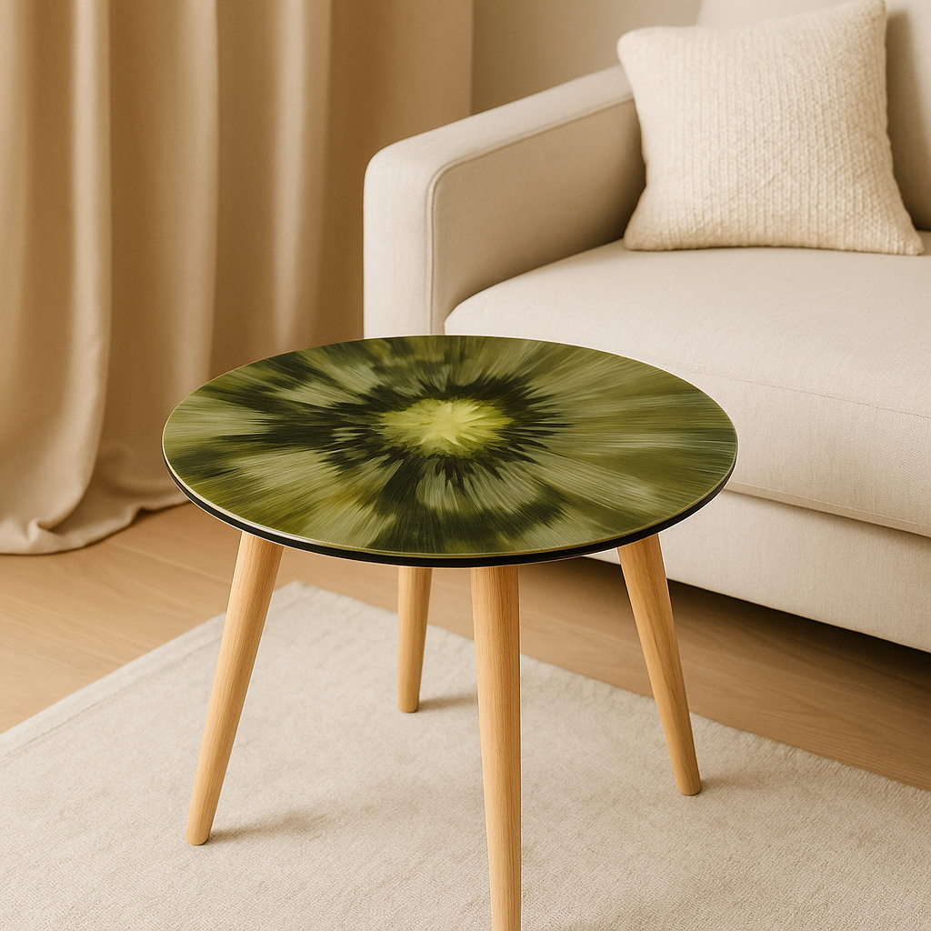 Handgefertigter Beistelltisch „Green Ember“ aus Epoxidharz mit grüner, organisch verlaufender Oberfläche und Holzbeinen in einem hellen, minimalistischen Wohnzimmer mit beigem Vorhang.