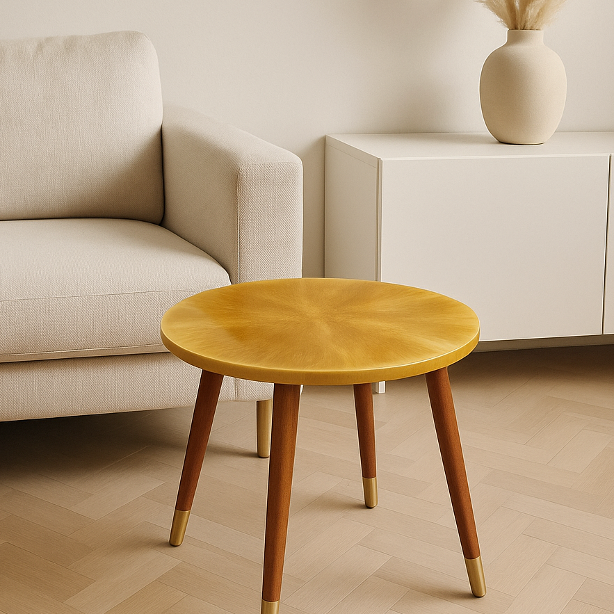 Rundtisch „Golden Dawn“ aus Epoxidharz in sattem Goldgelb, von oben fotografiert – die feine Marmorierung erinnert an strahlendes Sonnenlicht.