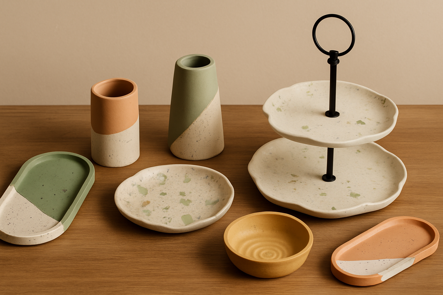 Jesmonite Wohnaccessoires Set mit Vasen, Etageren, Schalen und Tabletts in Naturtönen