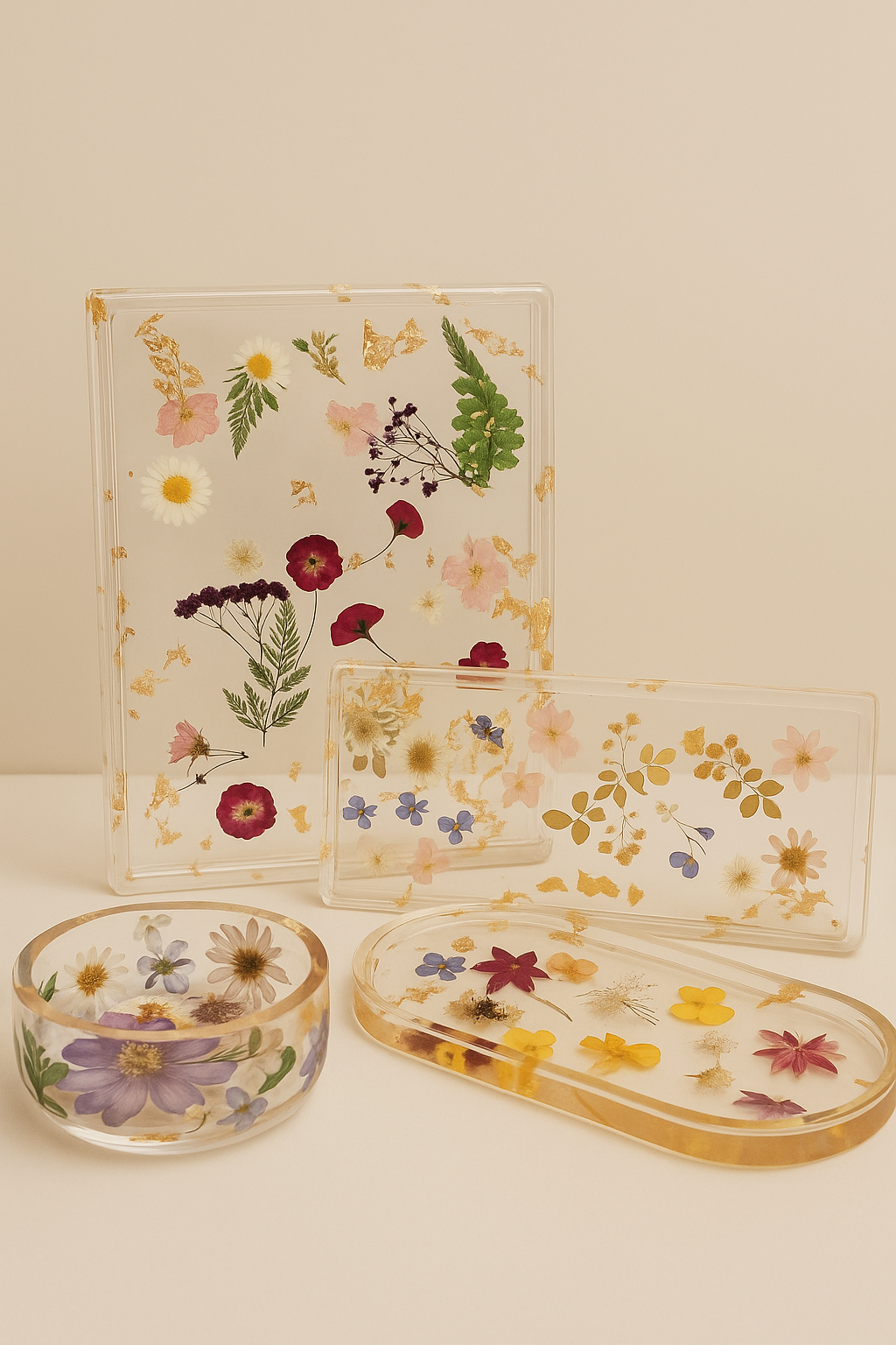 Blütenschalen und Tabletts aus Epoxidharz mit echten Blumen und Goldpartikeln, Kollektion Blooming Gold – Maliora Designs
