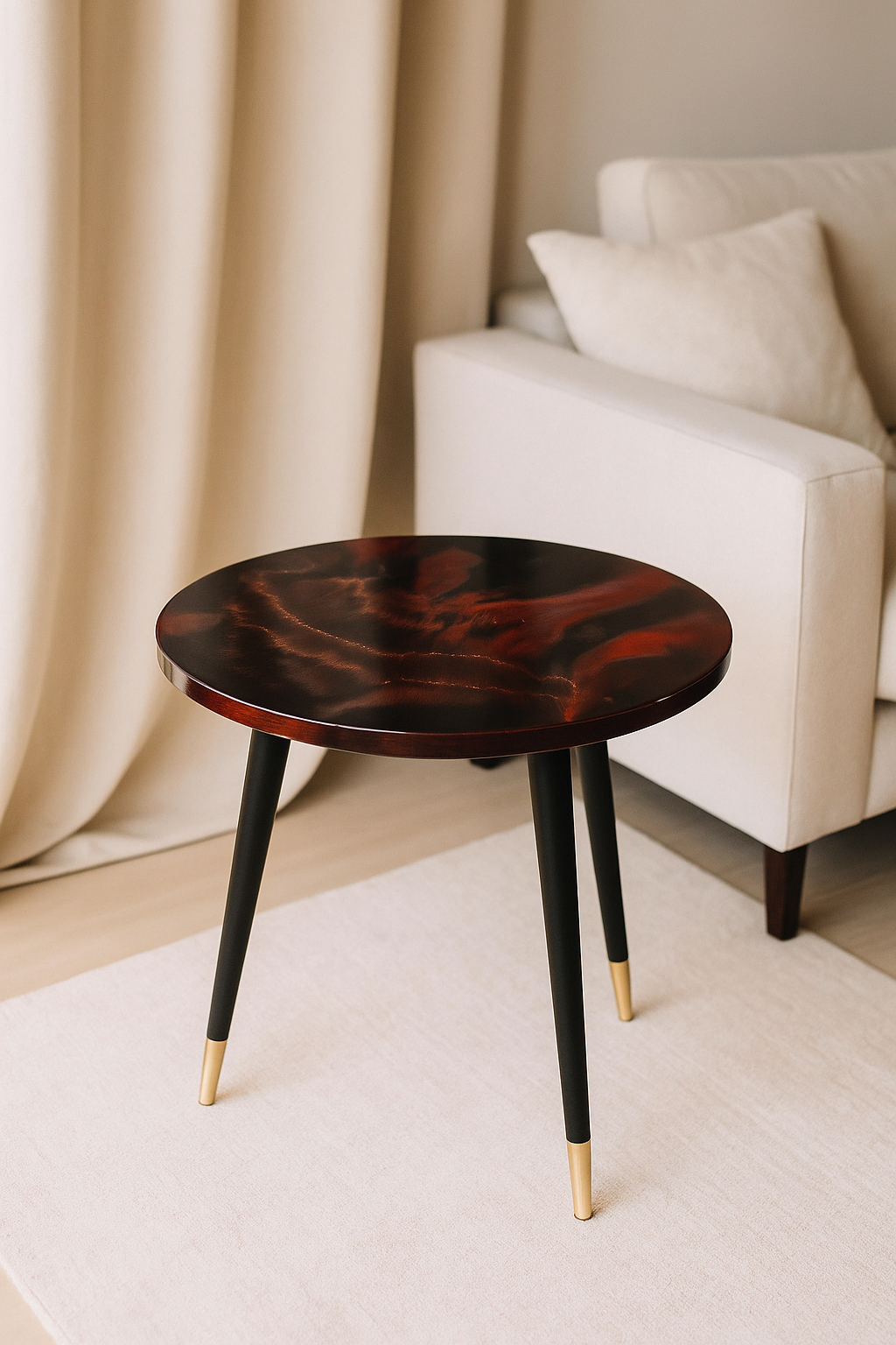 Runder Beistelltisch ‚Falling Ember‘ aus Epoxidharz mit rot-kupferfarbenem Farbverlauf und goldenen Akzenten, schwarze Tischbeine mit goldenen Endkappen, aufgenommen in einem hellen Wohnzimmer vor beigem Vorhang.