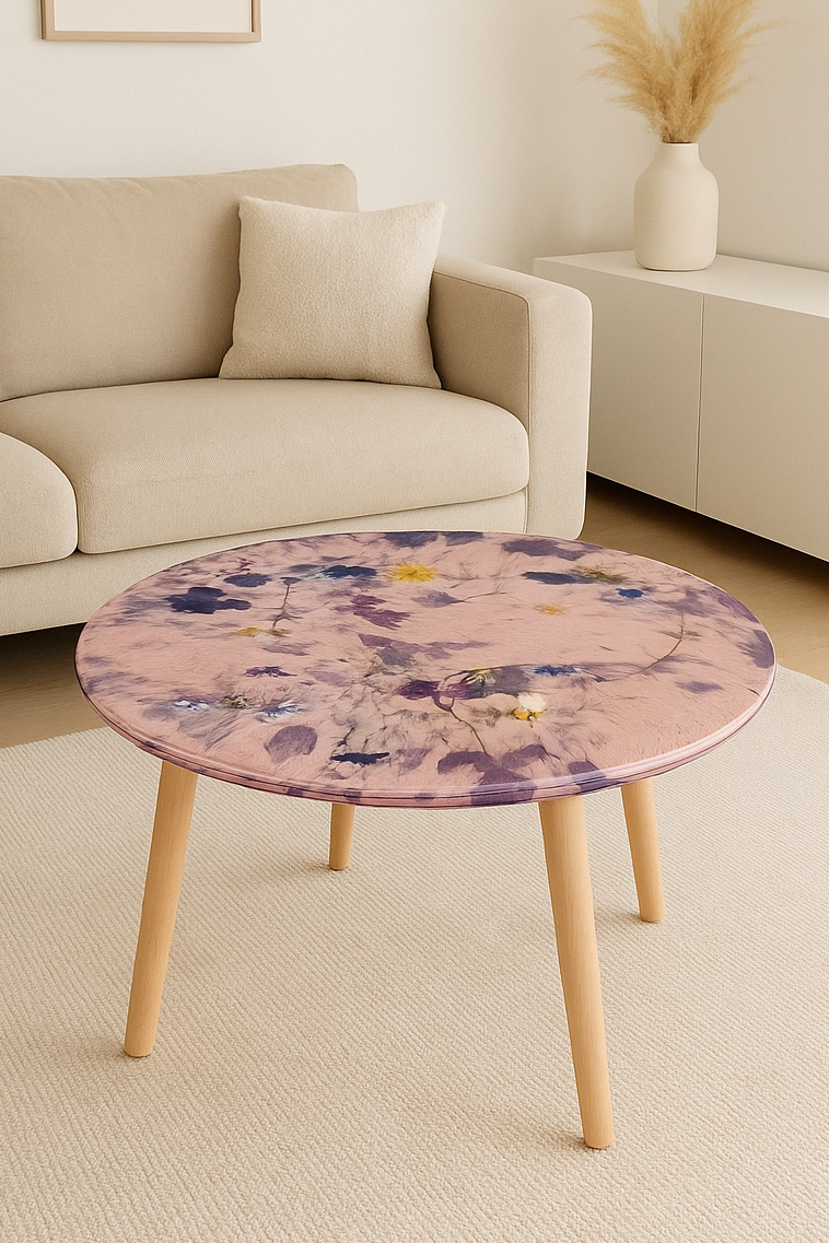 Beistelltisch „Violet Veil“ aus Epoxidharz mit rosa-violetter Blütenoberfläche steht in einem hellen, minimalistisch eingerichteten Wohnzimmer. Im Hintergrund ein beiges Sofa, ein weißes Sideboard mit Vase und Pampasgras sowie sanftes Tageslicht, das den Raum freundlich und harmonisch wirken lässt.