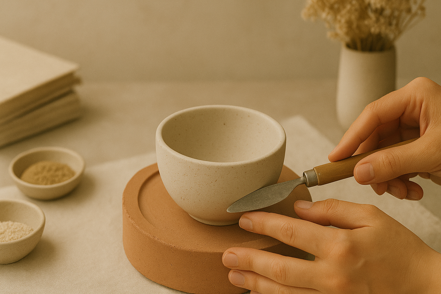 Jesmonite Schale in Beige, handgemacht, auf Untersetzer – Detailaufnahme mit Spachtel und Händen, moderne Wohnaccessoire Fotografie.